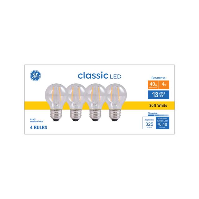 GE Classic LED 40 Watt Replacement, Soft White, G16.5 Vanity - Globe Bulbs (4 Pack)