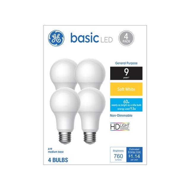 GE Basic LED 60 Watt Replacement, Soft White, A19 General Purpose Bulbs (4 Pack)
