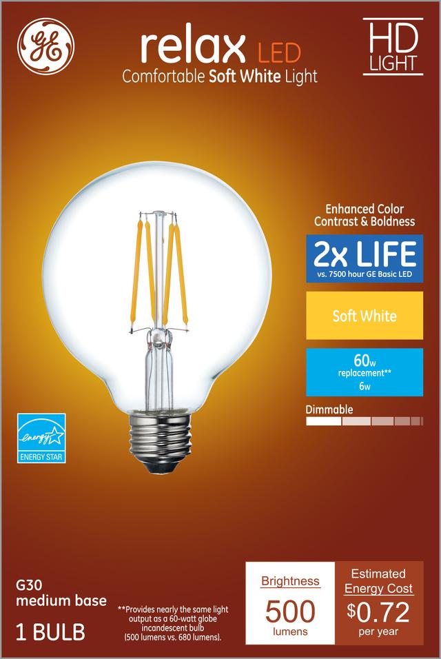 GE Relax HD LED 60 Watt Replacement, Soft White, G30 Vanity - Globe Bulb (1 Pack)