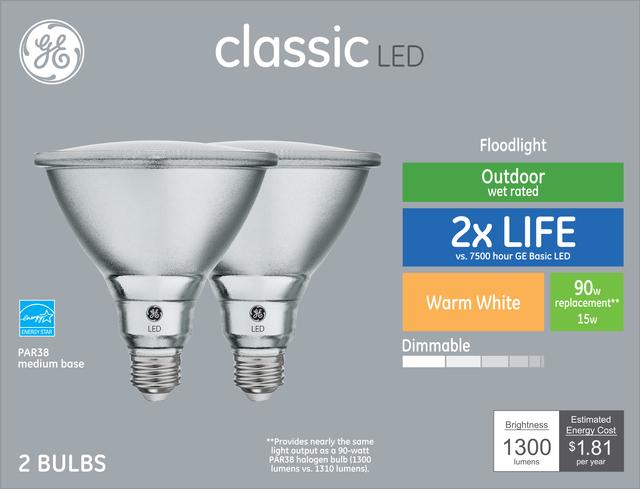 GE 90 Classic LED Watt Replacement, blanc chaud, PAR38 ampoules de projecteur d’extérieur ( 2 Pack)