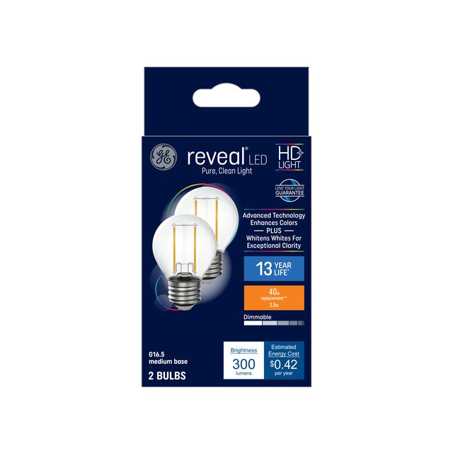 GE Reveal HD+ LED 40 Watt Replacement, Reveal, G16.5 Vanity - Globe Bulbs (2 Pack)