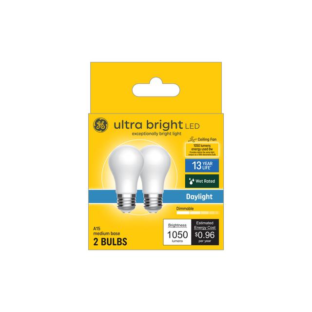 GE Ultra Bright LED 100 Watt Replacement, Daylight, A15 Ceiling Fan Bulbs (2 Pack)