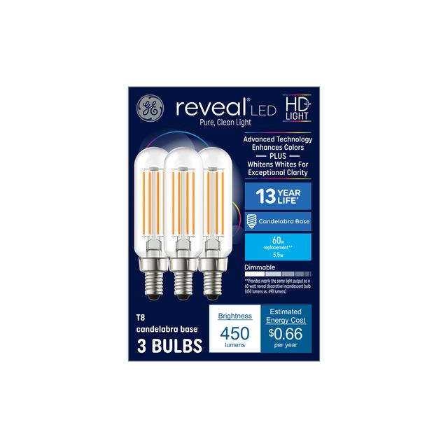 GE Reveal HD+ LED 60 Watt Replacement, Reveal, T8 Deco - Tubular Bulbs (3 Pack)