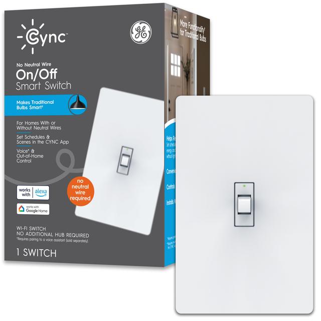GE Lighting CYNC Smart Light Switch On/Off Toggle Style, No Neutral Wire Required, Bluetooth and 2.4 GHz Wi-Fi 3-Wire Switch, Works with Alexa and Google Home
