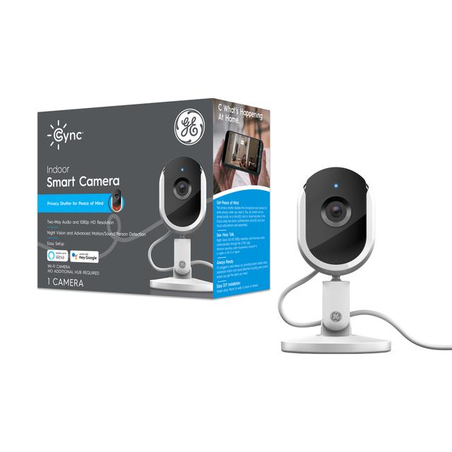Caméra intelligente intérieure GE CYNC, résolution 1080p, caméra de sécurité à vision nocturne, compatible avec Google Home et plug-in, Alexa Wi-Fi activé, aucun concentrateur requis, blanc (1-Pack)