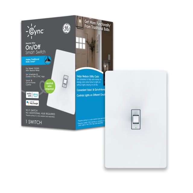 GE Lighting CYNC Smart Light Switch On/Off Toggle Style, Neutral Wire Required, Bluetooth and 2.4 GHz 4-Wire Wi-Fi Switch, Works with Alexa and Google Home (1 Pack)