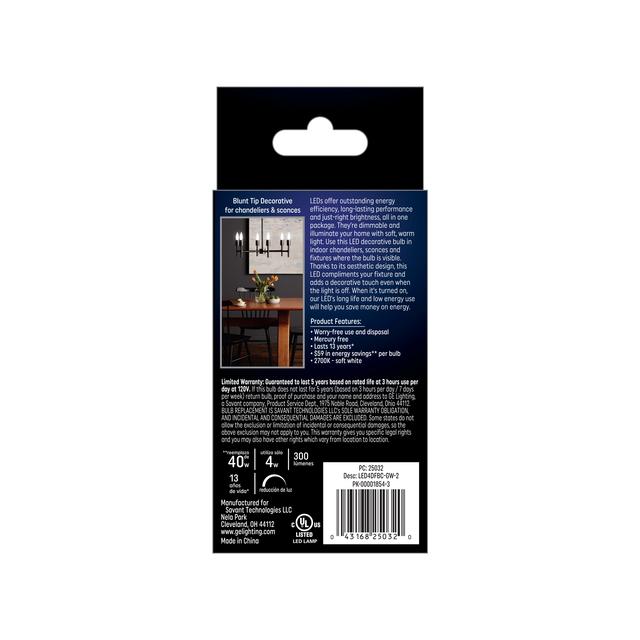 GE Classic LED 40 Watt Replacement, Soft White, B11 Deco - Candle Bulbs (2 Pack)