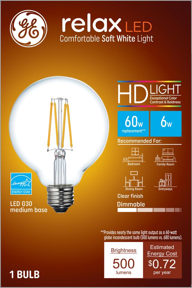 GE Relax HD LED 60 Watt Replacement Soft White G30 Deco Globe