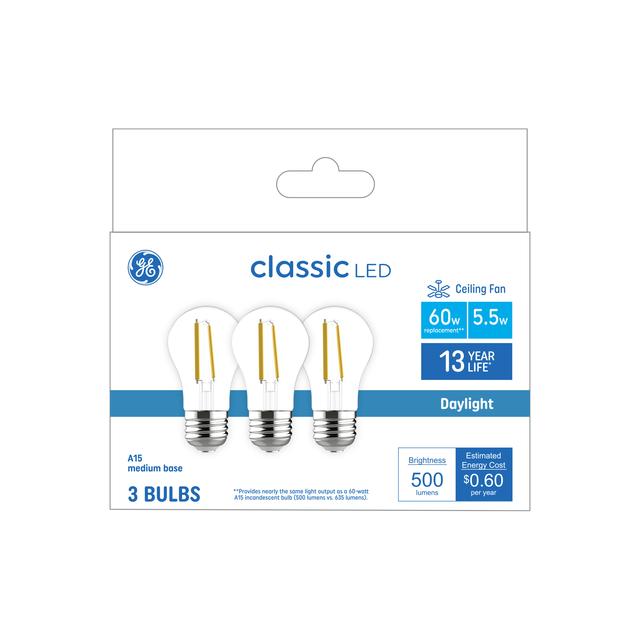 GE Classic LED 60 Watt Replacement, Daylight, A15 Ceiling Fan Bulbs (3 Pack)