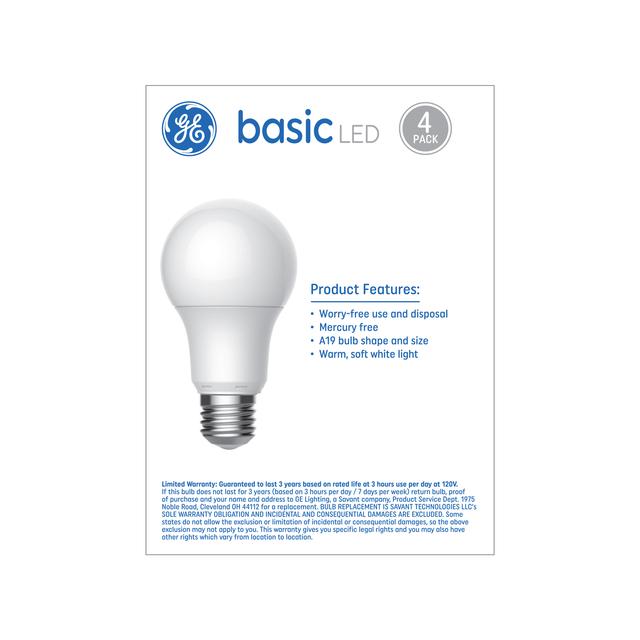 GE Basic LED 60 Watt Replacement, Soft White, A19 General Purpose Bulbs (4 Pack)
