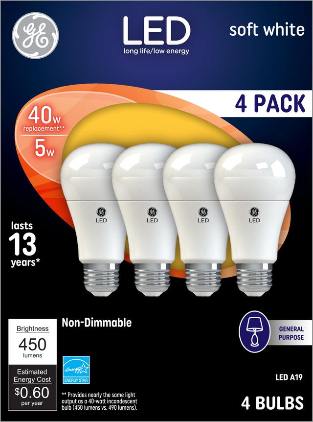 Ampoules GE Classic 40 LED Watt de remplacement, blanc doux, A19 usage général ( 4 paquet)