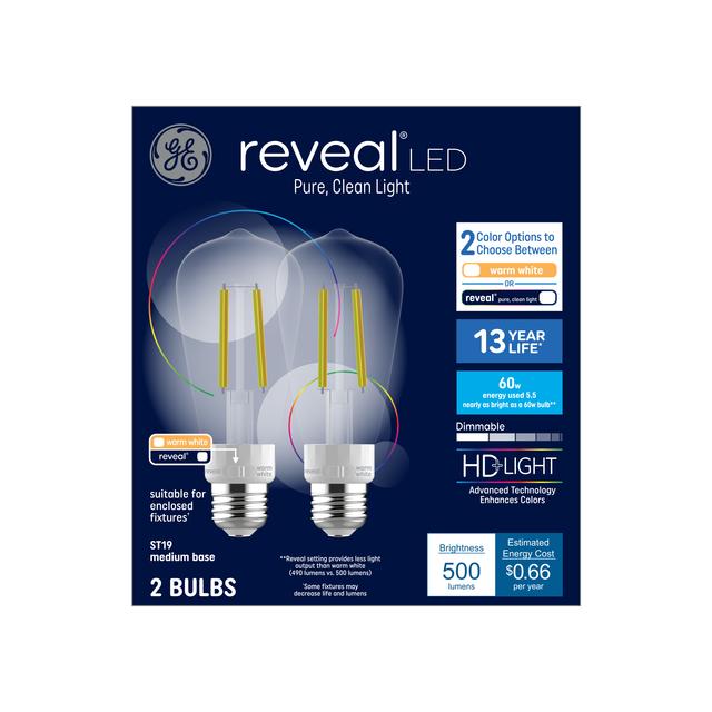 GE Reveal HD+ LED 60 Watt Replacement, Reveal, ST19 Edison Bulbs (2 Pack)