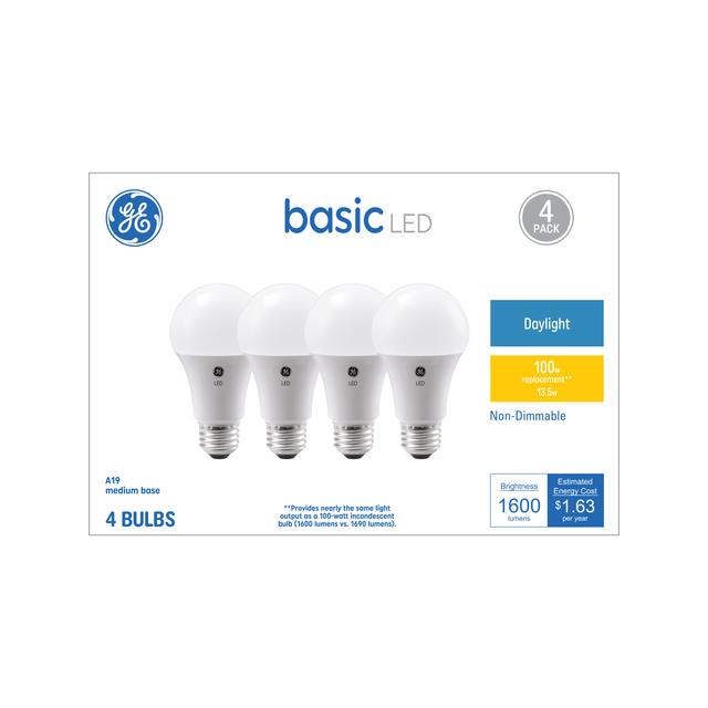 GE Basic LED 100 Watt Replacement, Daylight, A19 General Purpose Bulbs (4 Pack)