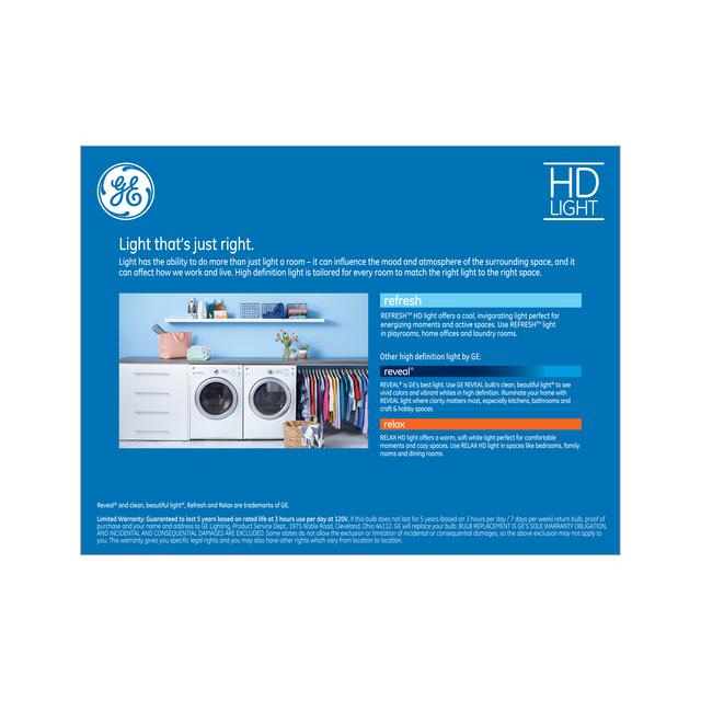 Back package of GE Refresh HD Daylight 85W Replacement LED Light Bulb Indoor Floodlight BR40