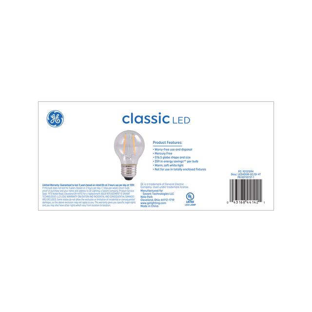 GE Classic LED 40 Watt Replacement, Soft White, G16.5 Vanity - Globe Bulbs (4 Pack)