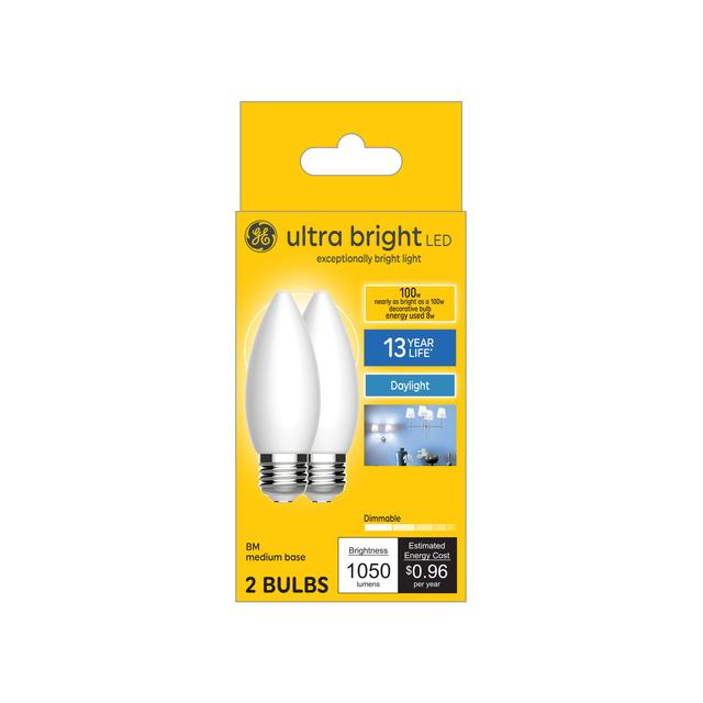 GE Ultra Bright LED 100 Watt Replacement, Daylight, B12 Deco - Candle Bulbs (2 Pack)