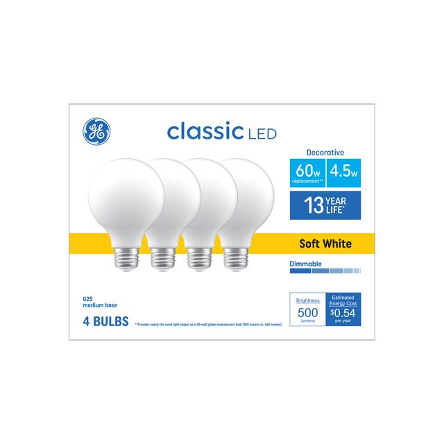 GE Classic LED 60 Watt Replacement, Soft White, G25 Deco - Globe Bulbs (4 Pack)