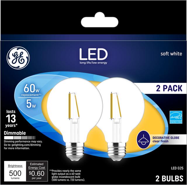 Front package of GE Soft White 60W Replacement LED Light Bulbs Decorative Clear Blunt Tip Candelabra Base BC  (2-Pack)