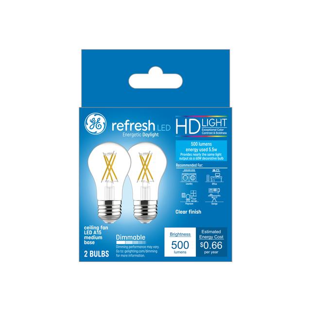 GE Refresh HD LED 60 Watt Replacement, Daylight, A15 Ceiling Fan Bulbs (2 Pack)