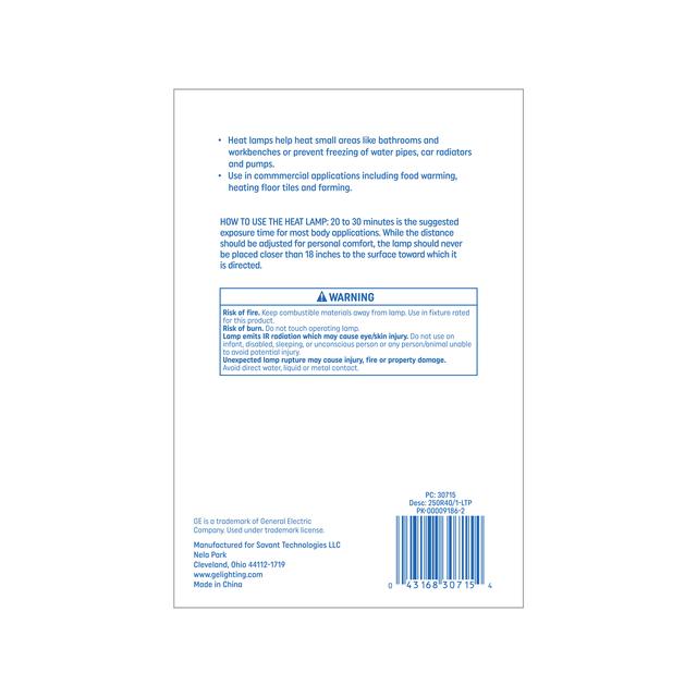 GE Incandescent 250 Watt Soft White BR40 Heat Lamp Bulb 1 Pack