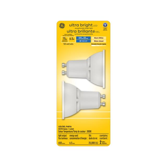 GE Ultra Bright LED 75 Watt Replacement, Warm White, PAR16 Indoor Floodlight Bulbs (2 Pack)