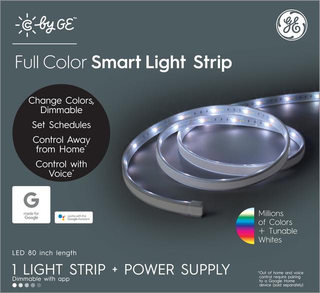 Emballage avant de GE C by GE Smart Light Strip, bande lumineuse de 80 pouces, couleur complète avec contrôle sans fil, livré avec alimentation Alexa et compatible Google Home, 1-Pack (l’emballage peut varier)