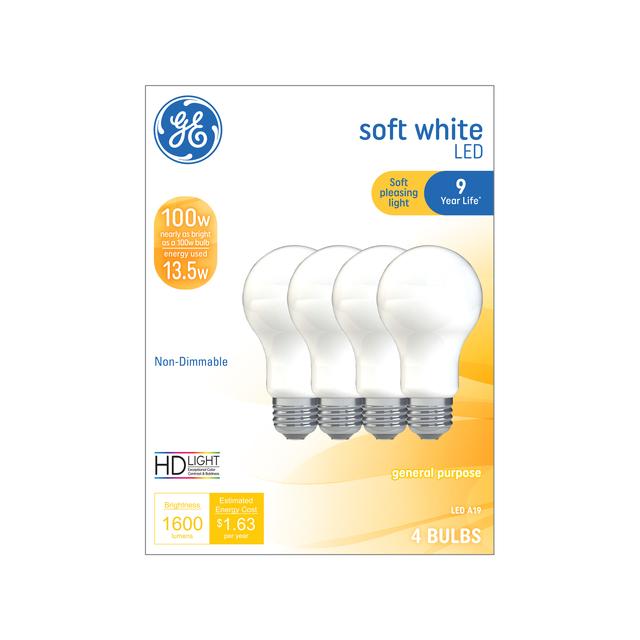 GE Basic LED 100 Watt Replacement, Soft White, A19 General Purpose Bulbs (4 Pack)