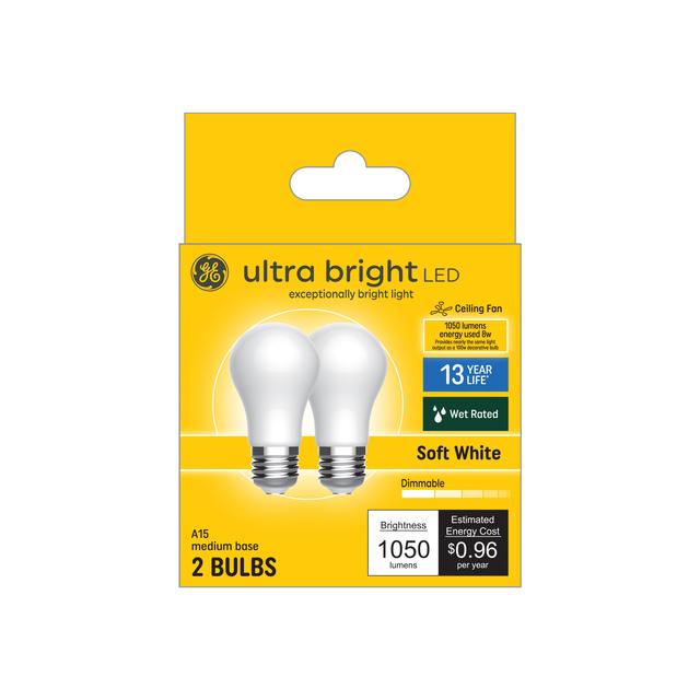 GE Ultra Bright LED 100 Watt Replacement, Soft White, A15 Ceiling Fan Bulbs (2 Pack)