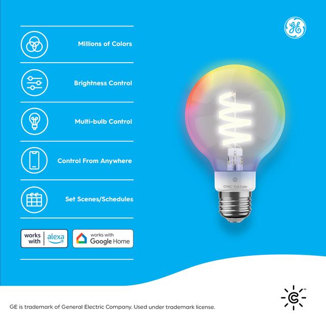 Back package of GE CYNC Smart Bulbs, Full Color, Bluetooth and Wi-Fi Enabled, Works With Alexa and Google Assistant, No Hub Required, Medium Base (2 Pack)