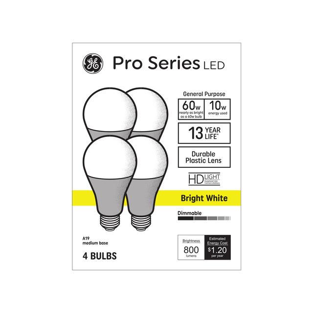 GE Pro Series LED 60 Watt Replacement, Bright White, A19 General Purpose Bulbs (4 Pack)