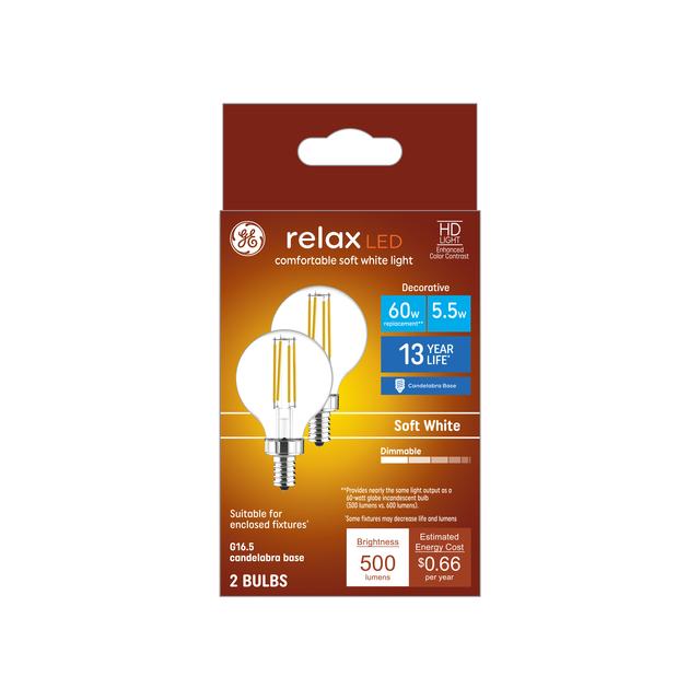 LED de rechange GE Relax HD 60 watts, blanc doux, G16.5 Deco - Ampoules à globe (lot de 2)