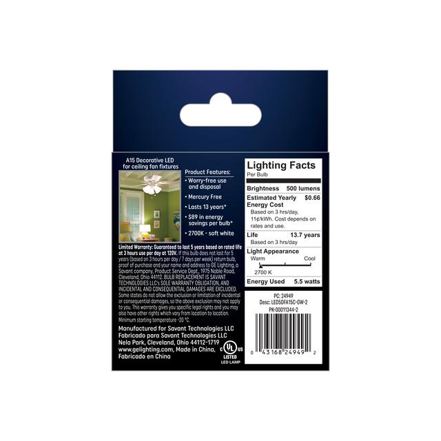 GE Classic LED 60 Watt Replacement, Soft White, A15 Ceiling Fan Bulbs (2 Pack)