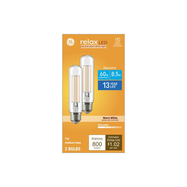 GE Relax HD LED 60 Watt Replacement, Warm White, T10 Deco - Tubular Bulbs (2 Pack)