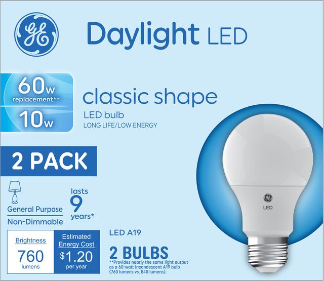 GE Basic LED 60 Watt Replacement, Daylight, A19 General Purpose Bulbs (2 Pack)
