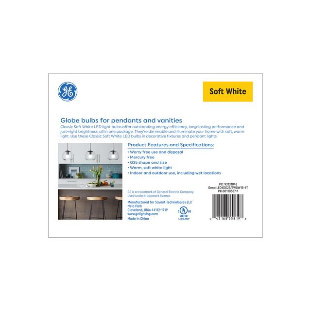 GE Classic LED 60 Watt Replacement, Soft White, G25 Deco - Globe Bulbs (4 Pack)
