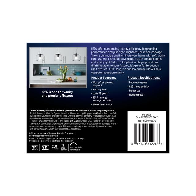 GE Classic LED 25 Watt Replacement, Soft White, G25 Vanity - Globe Bulbs (2 Pack)