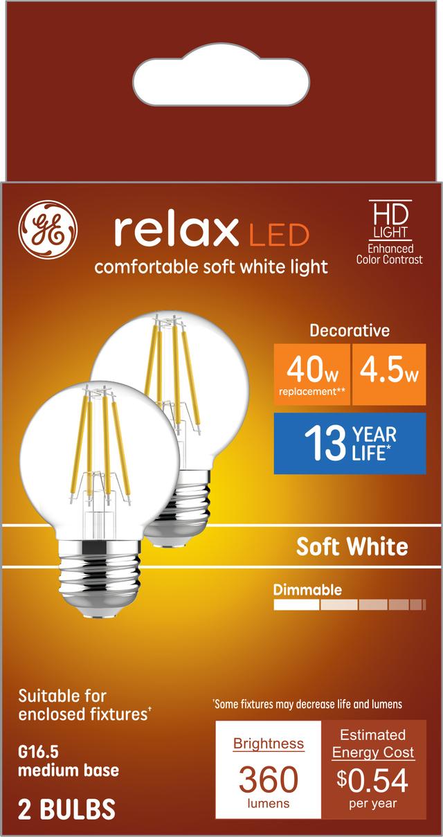 GE Relax HD LED 40 Watt Replacement, Soft White, G16.5 Vanity Globe