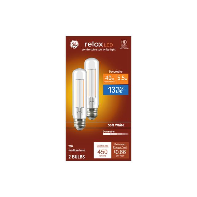 GE Relax HD LED 40 Watt Replacement, Soft White, T10 Deco - Tubular Bulbs (2 Pack)