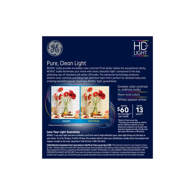 GE Reveal HD+ LED 40 Watt Replacement, Reveal, CA11 Deco - Candle Bulbs (3 Pack)