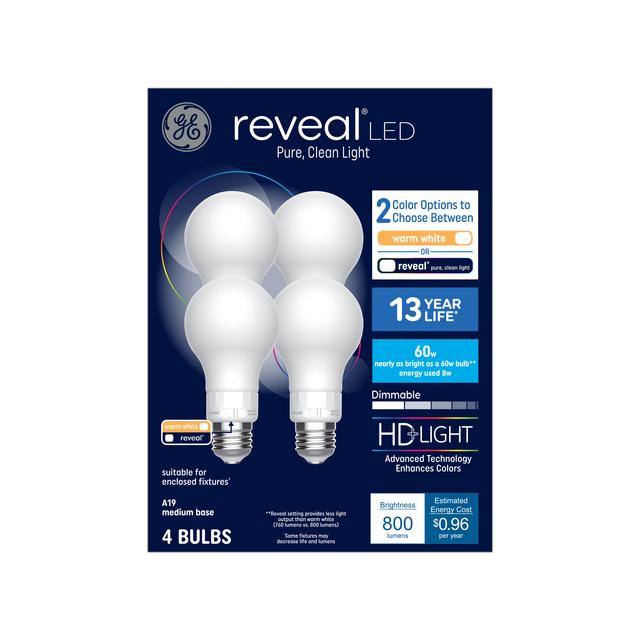 GE Reveal HD+ LED 60 Watt Replacement, Reveal, A19 General Purpose Bulbs (4 Pack)