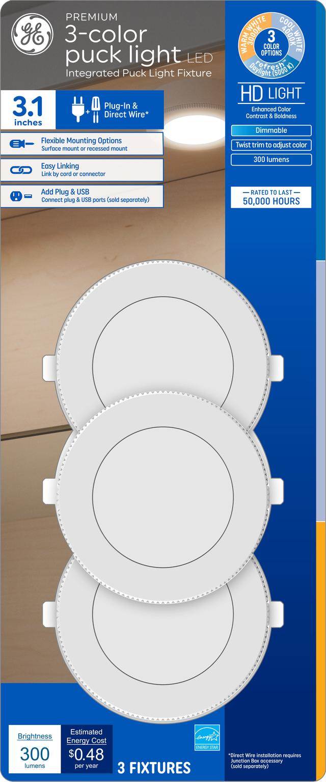 GE Puck Light, 3Color White, Direct Wire & PlugIn, 3.1in Linkable Fixtures (3Pack)