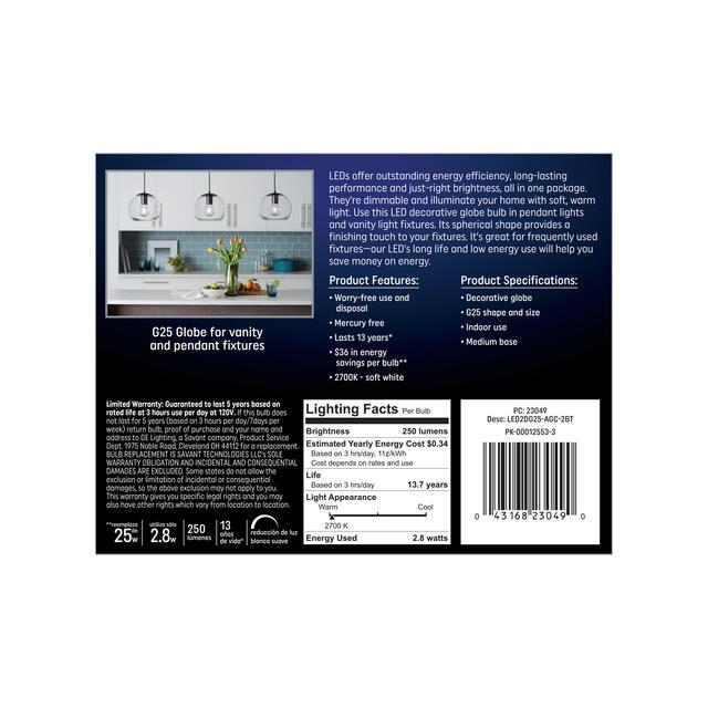 GE Classic LED 25 Watt Replacement, Soft White, G25 Vanity - Globe Bulbs (2 Pack)