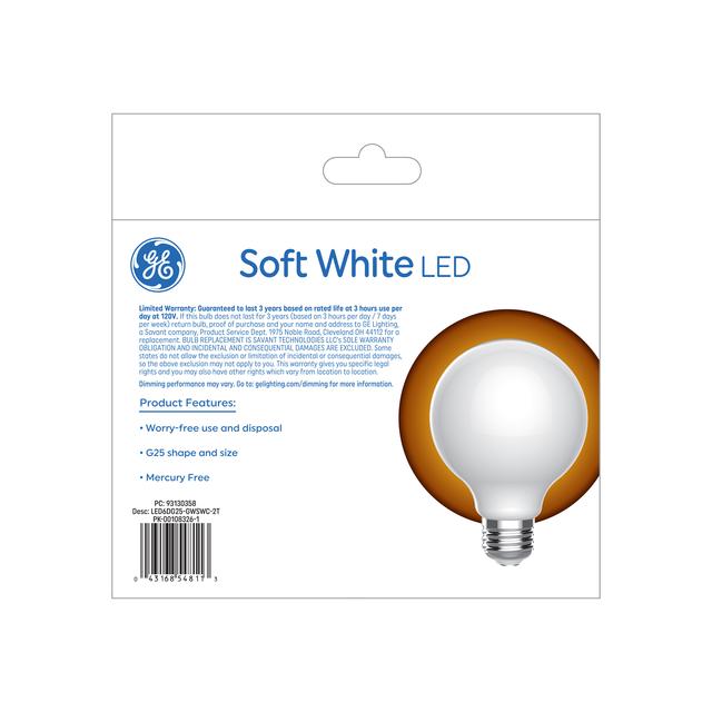GE Basic LED 60 Watt Replacement, Soft White, G25 Vanity - Globe Bulbs (2 Pack)