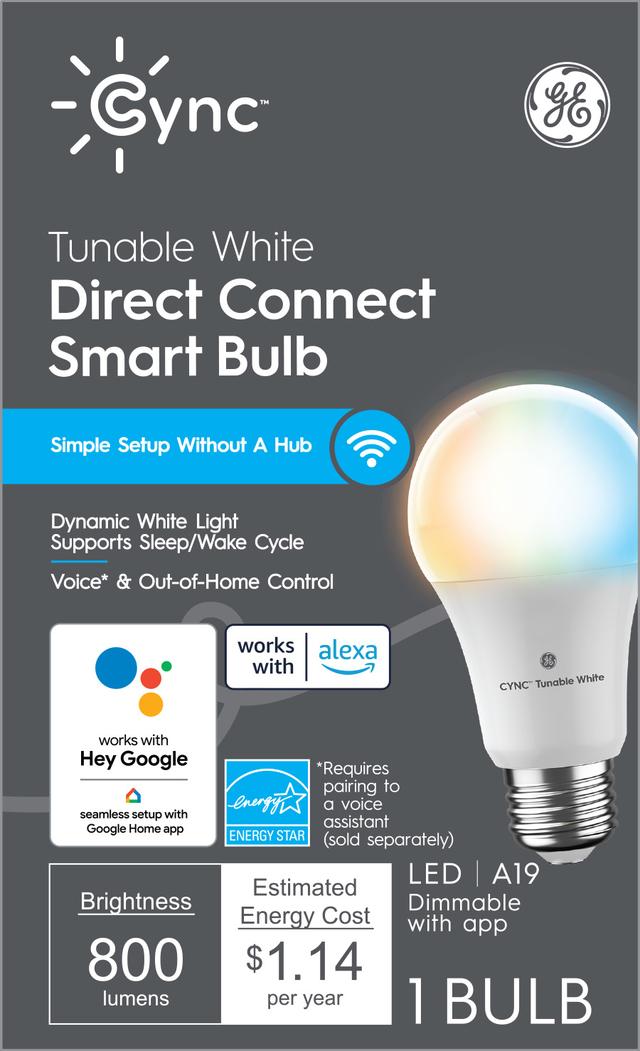 Product Image of GE CYNC Direct Connect Smart Bulb, Tunable White, A19 LED Smart Light Bulb with Wireless Control, 60W Replacement, Alexa and Google Home Compatible, No Hub Required 1-Pack (Packaging May Vary)