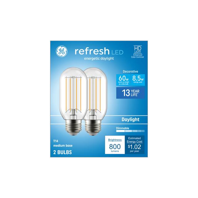 GE Refresh HD LED 60 Watt Replacement, Daylight, T14 Deco - Tubular Bulbs (2 Pack)