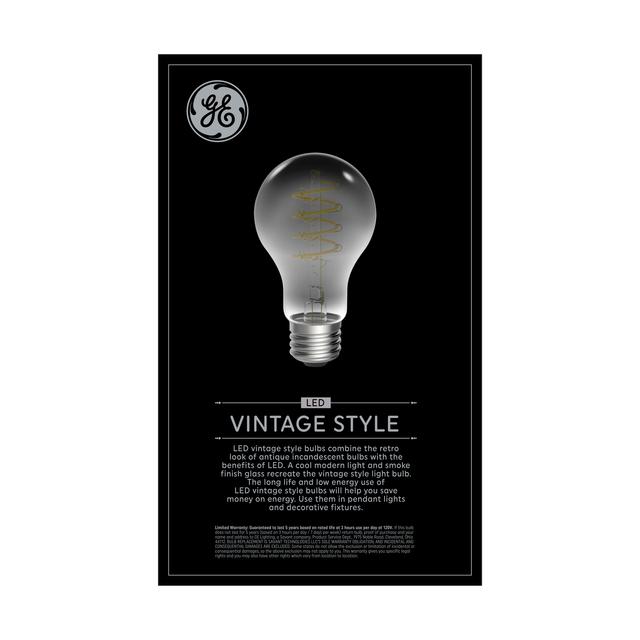 Back package of GE Vintage Cool Daylight 25W Replacement LED Smoke Finish Spiral Filament Decorative PS52 Light Bulb (1-Pack)