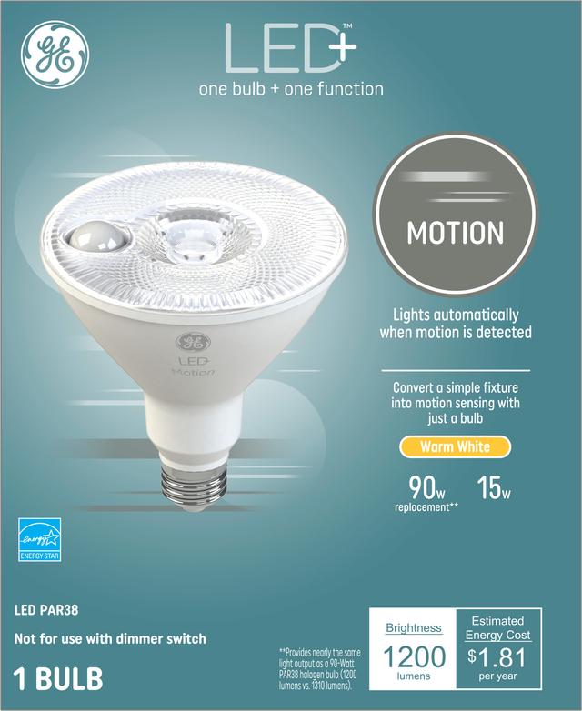 GE LED+ Motion Lamp LED Light Bulbs, Outdoor Floodlight, PAR38 Bulbs, 15 Watts (1 Pack)
