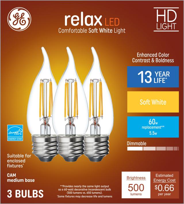 GE Relax HD LED 60 Watt Replacement, Soft White, CA11 Deco - Candle Bulbs (3 Pack)