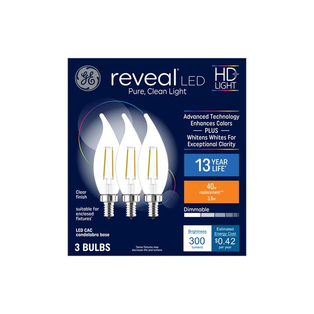 GE Reveal HD+ LED 40 Watt Replacement, Reveal, CA11 Deco - Candle Bulbs (3 Pack)
