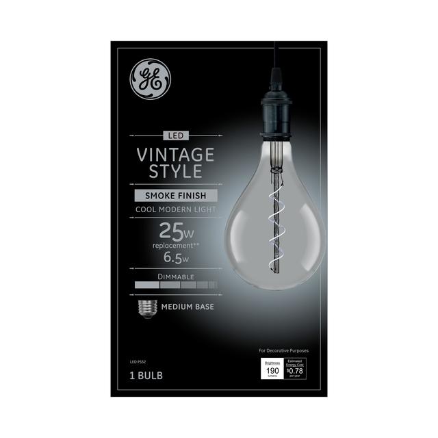 Front package of GE Vintage Cool Daylight 25W Replacement LED Smoke Finish Spiral Filament Decorative PS52 Light Bulb (1-Pack)